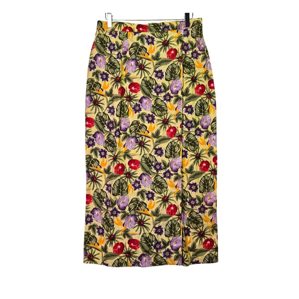 Vintage Tropical‎ Floral Faux Wrap High-Waist Skirt Button & Zip Closure